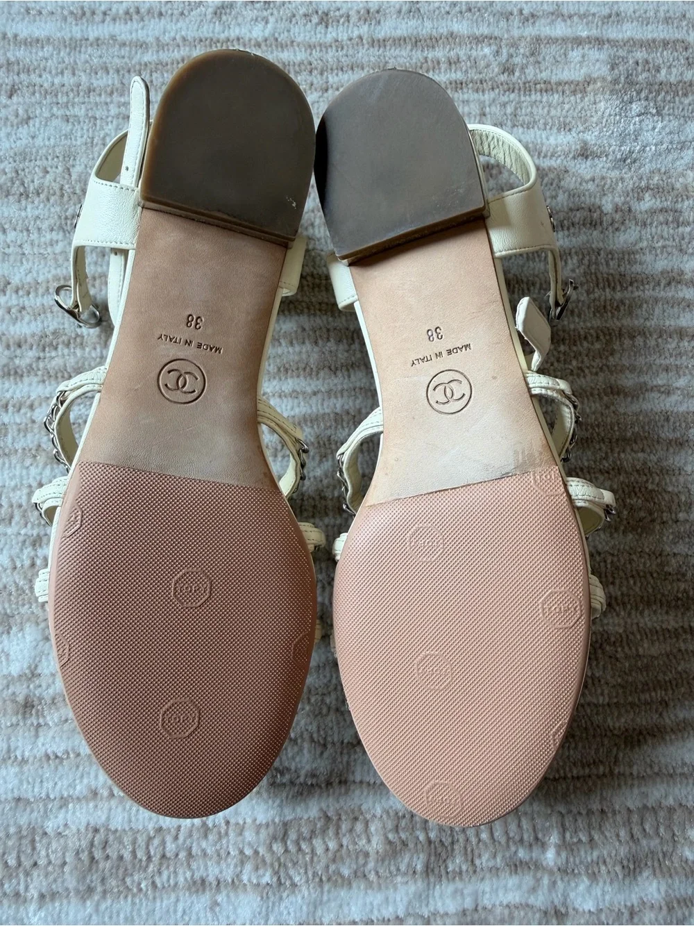 CHANEL Cream Leather Sandals with Silver Chain Straps and silver heel